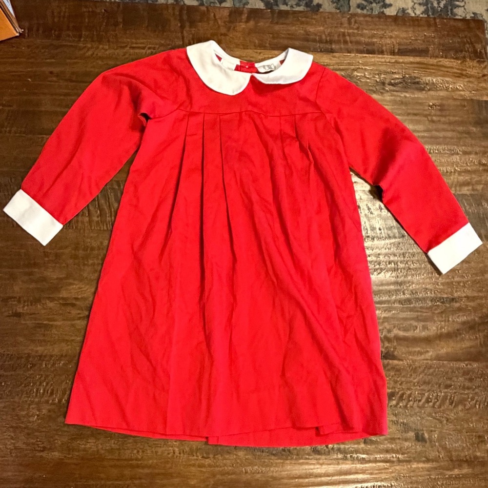 Lulu Bebe Girls Red Long Sleeve Peter Pan Collar Pleated Dress Size 5 Holiday